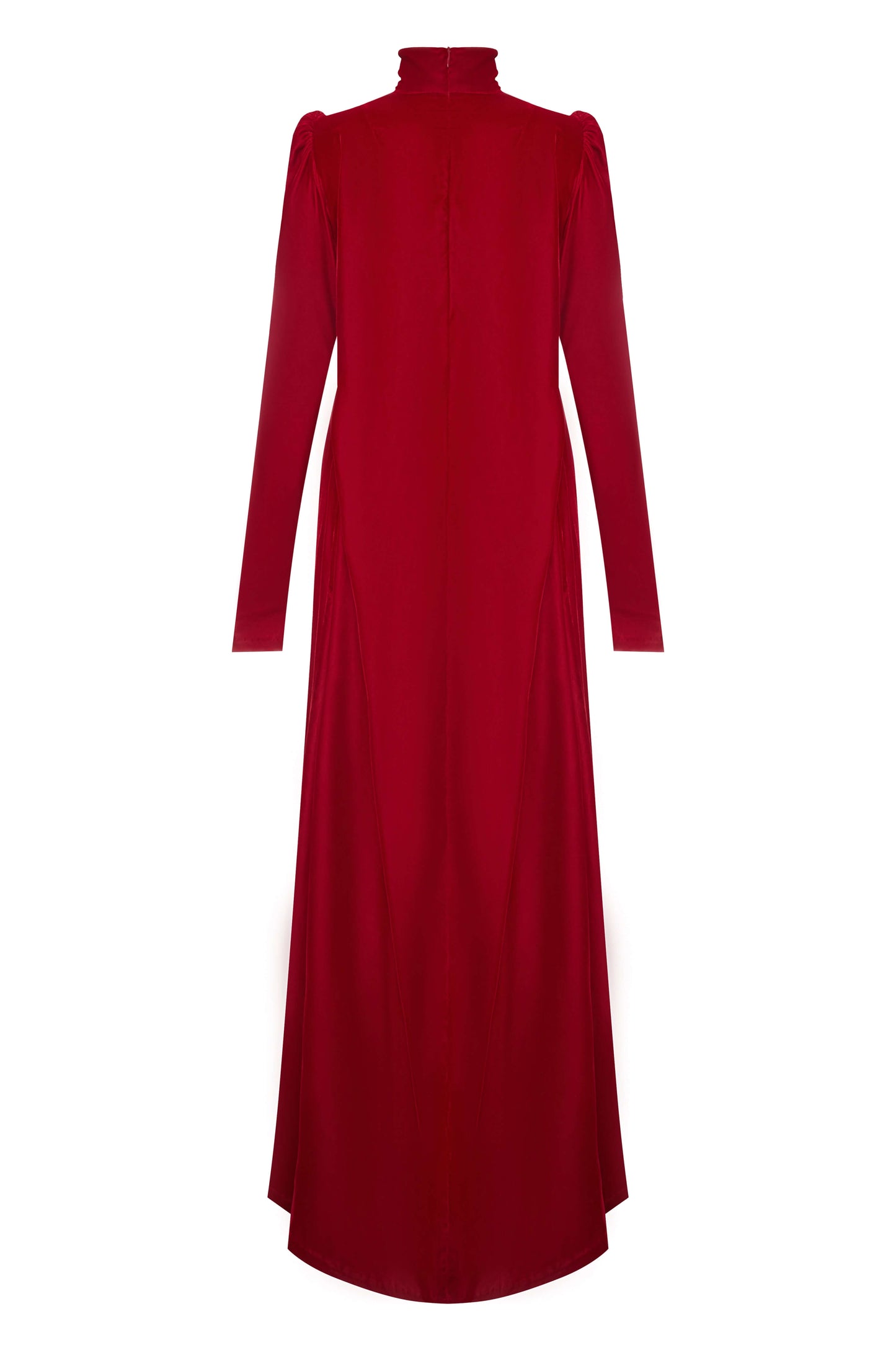 Red Velvet Dress — wide elegant silhouette.