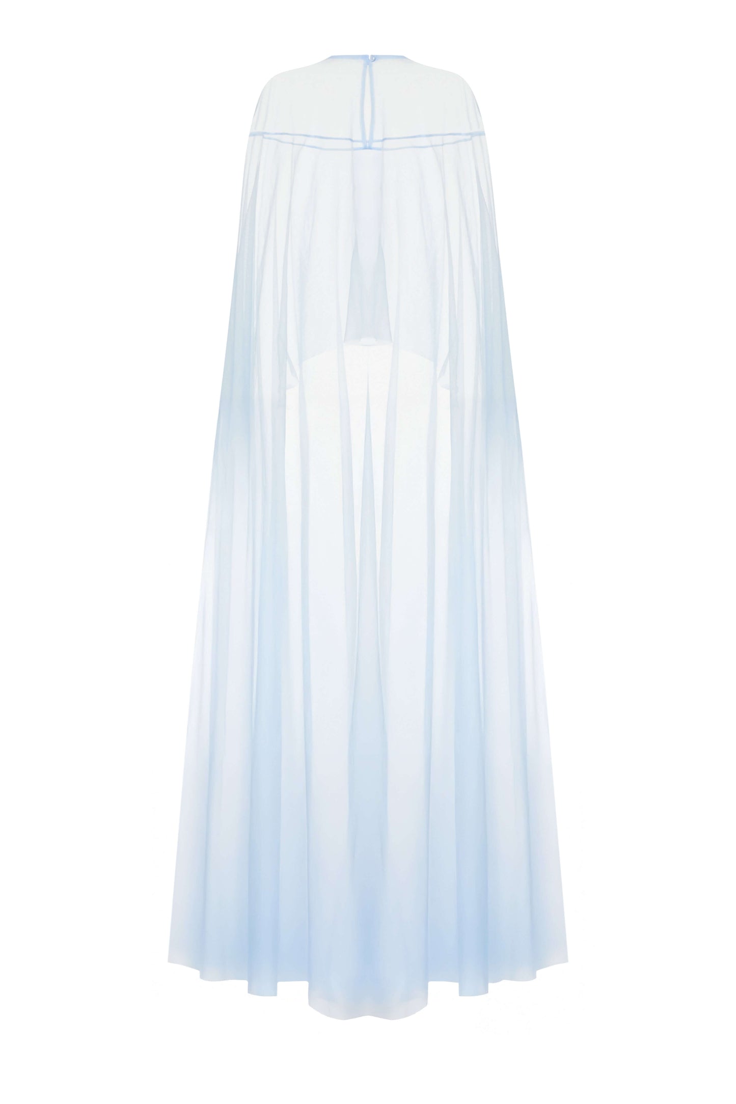 Seafoam Dress with cape — back view of light blue mesh cape falling gracefully over the dress by SBN.