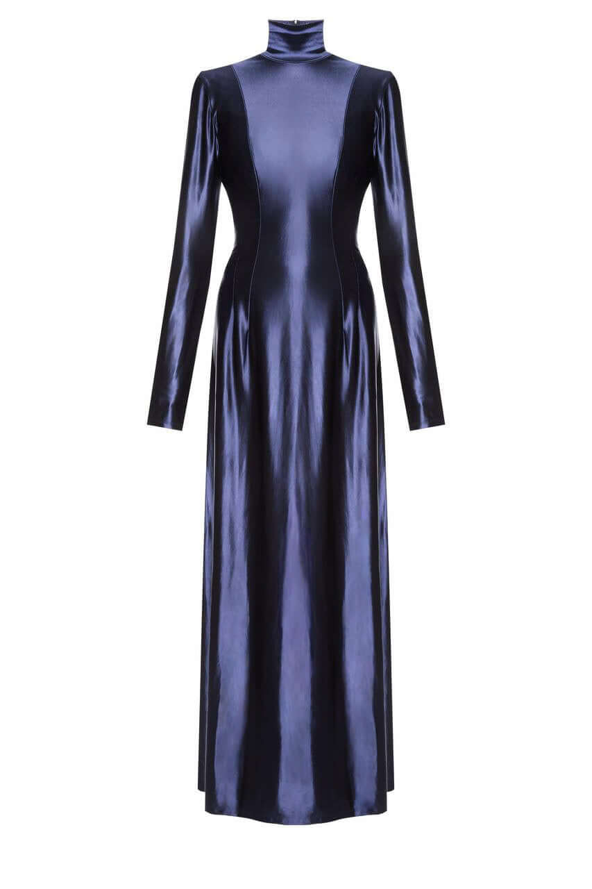 Nightwoven Dress — dark navy satin gown with soft shine