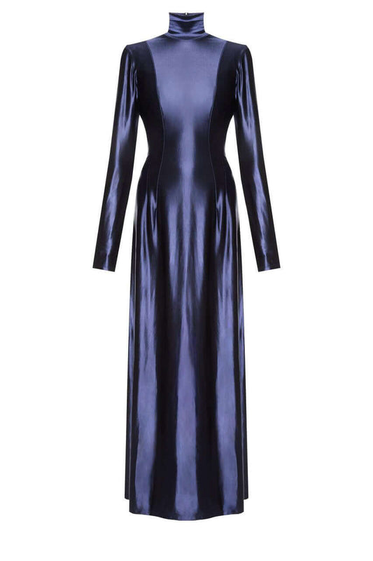 Nightwoven Dress — dark navy satin gown with soft shine