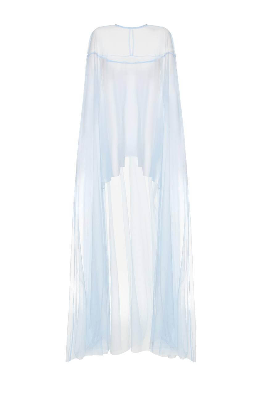Seafoam Dress with cape — front view of sheer mesh cape layered over satin gown by SBN.
