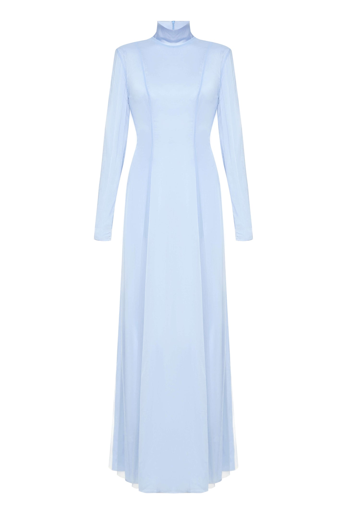 Seafoam Dress — front view of light blue layered gown with soft satin sheen by SBN.