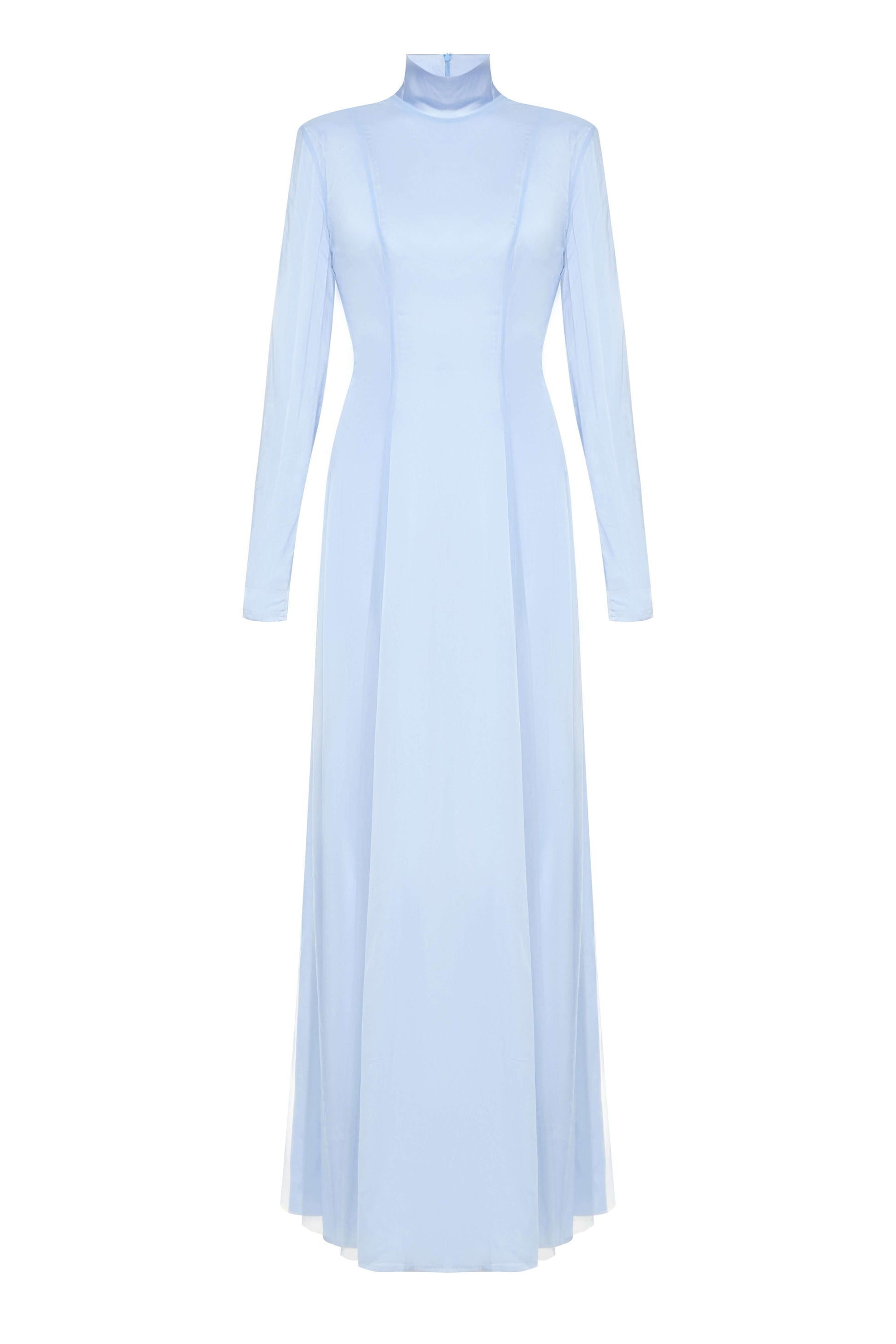Seafoam Dress — front view of light blue layered gown with soft satin sheen by SBN.