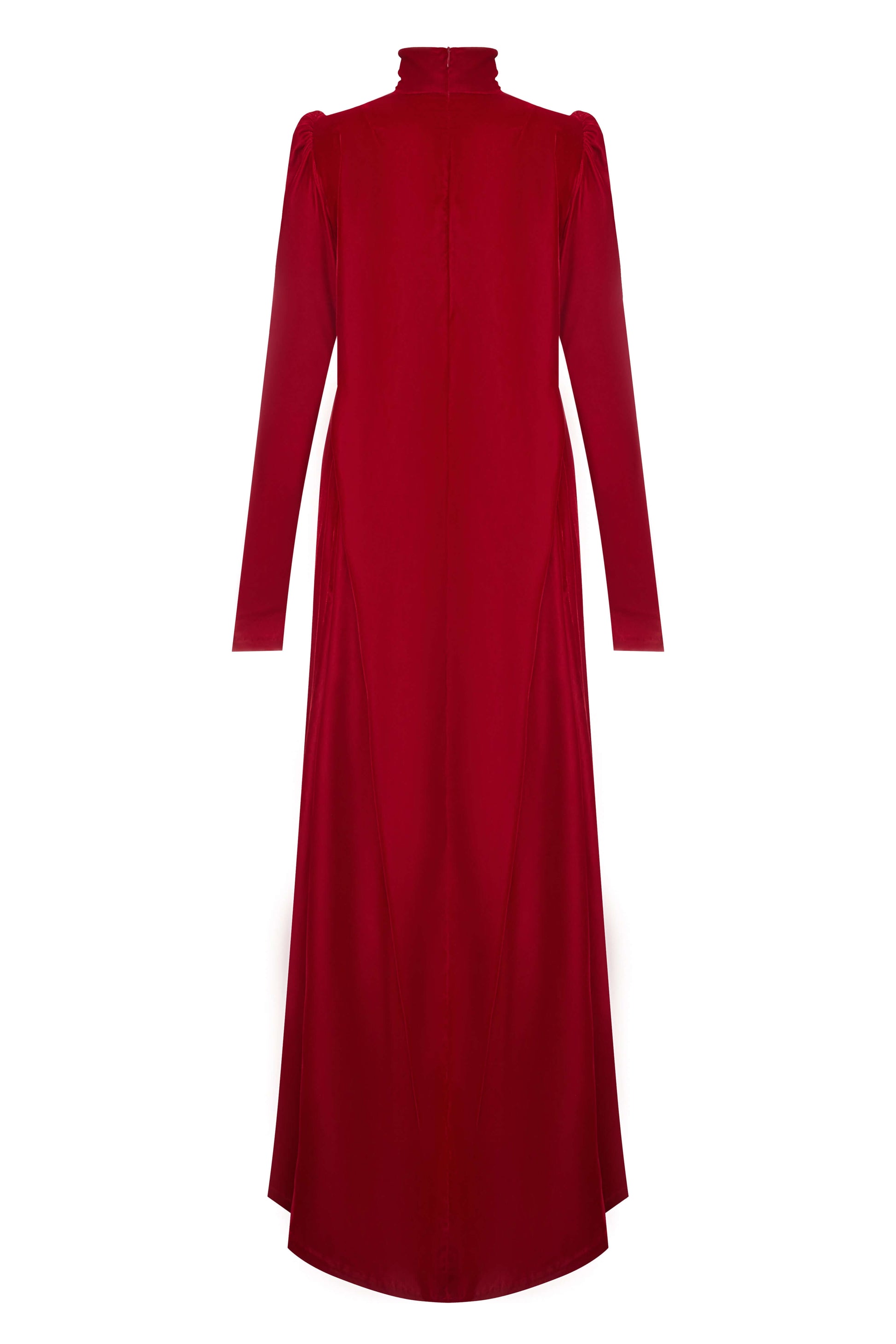 Red Velvet Dress — wide elegant silhouette.
