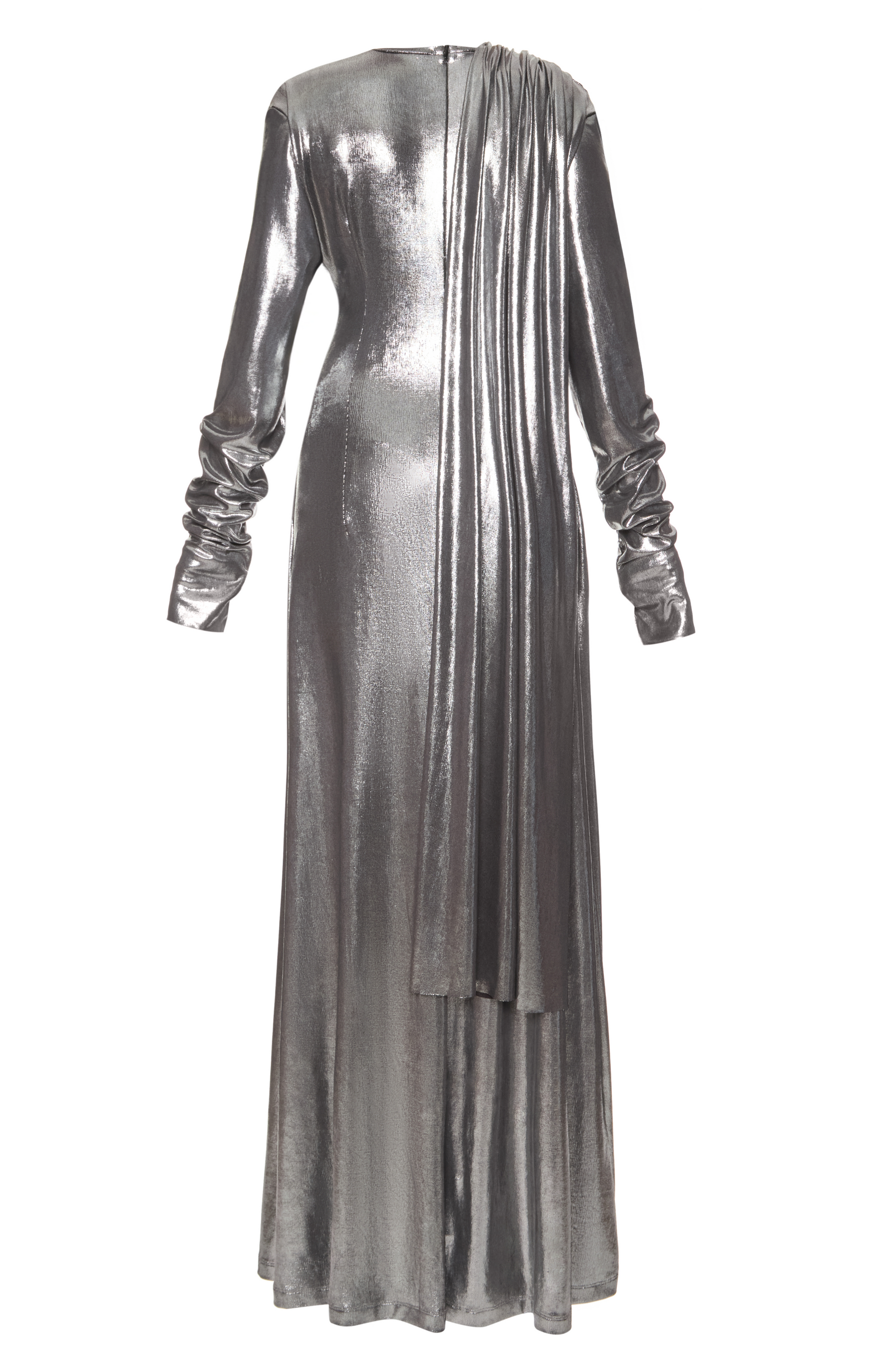 Steel Armour Dress — reflective silver dress with sculptural drape by SBN