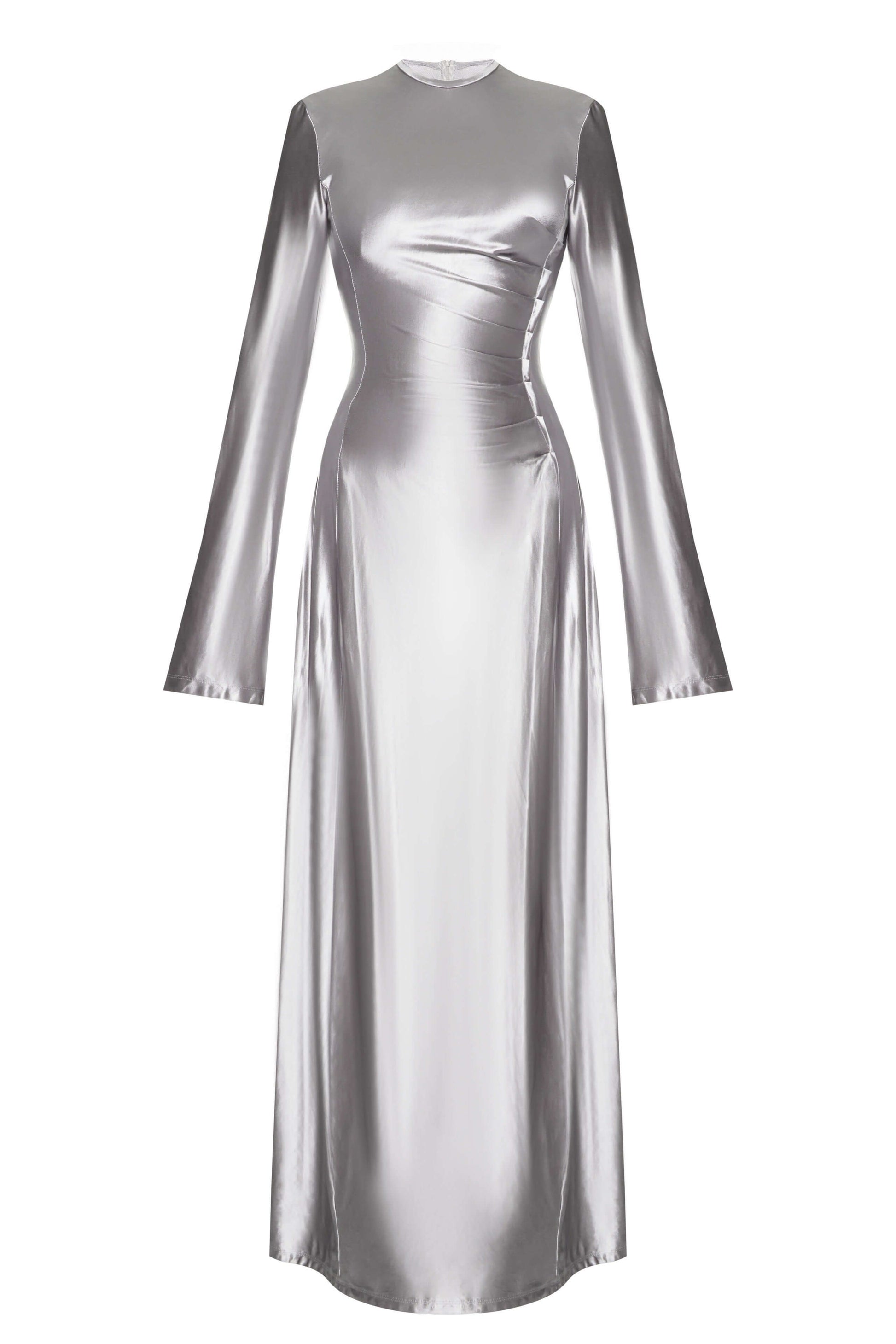 Steel Dress — minimalist satin gown in silver