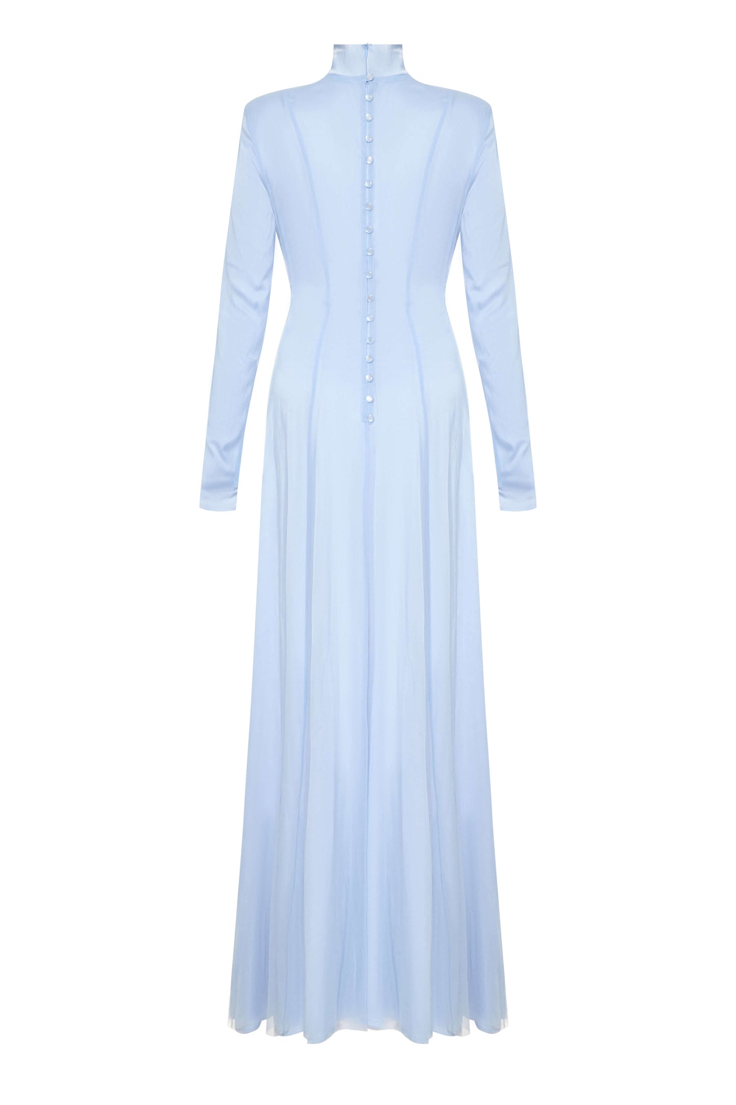 Seafoam Dress — back view of light blue floor-length gown with elegant flowing silhouette by SBN.
