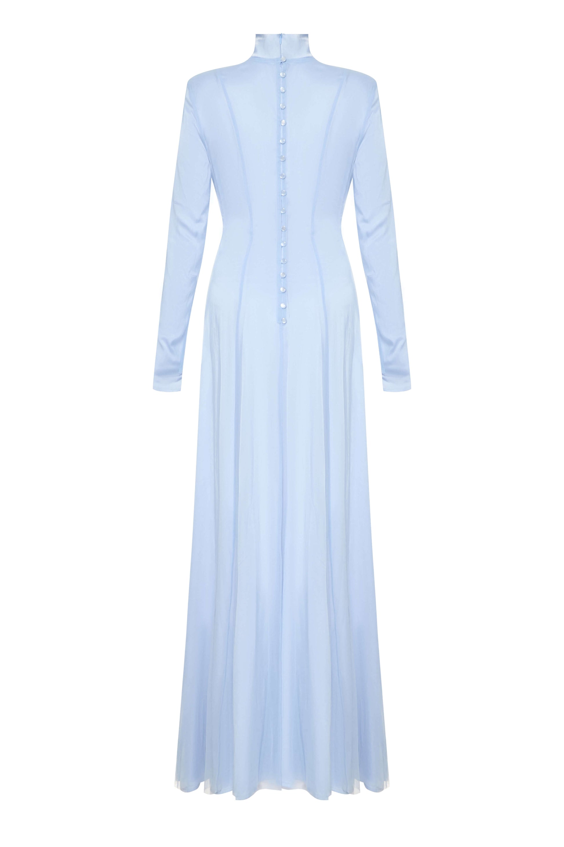 Seafoam Dress — back view of light blue floor-length gown with elegant flowing silhouette by SBN.