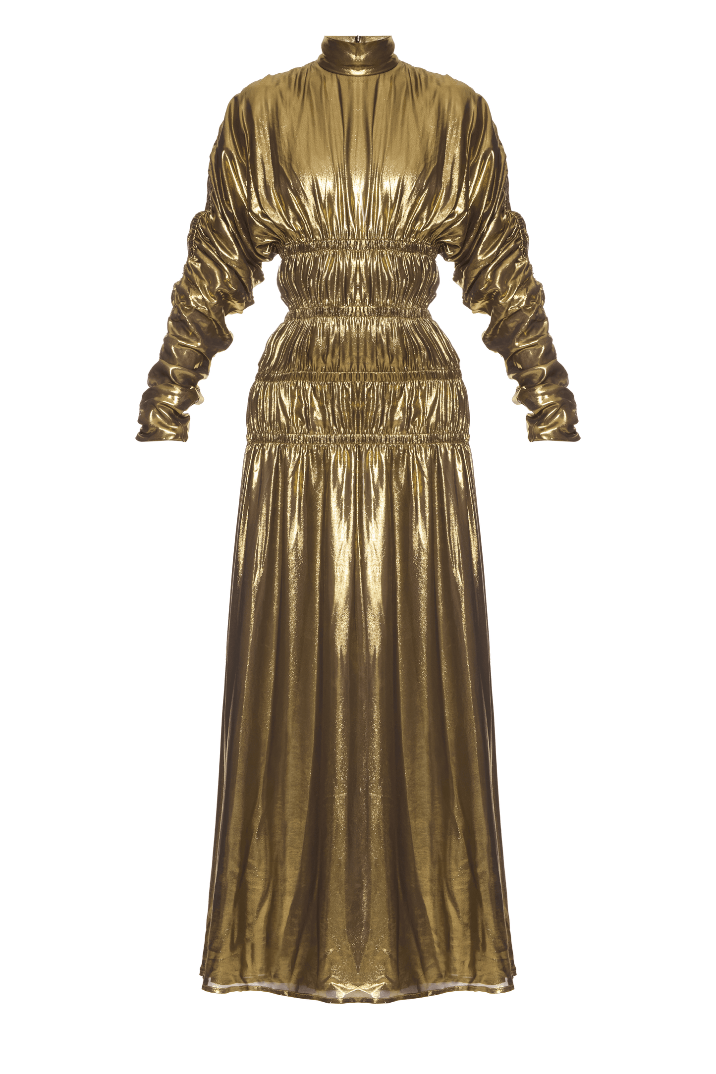 Liquid Gold Dress — golden satin gown with liquid metallic glow