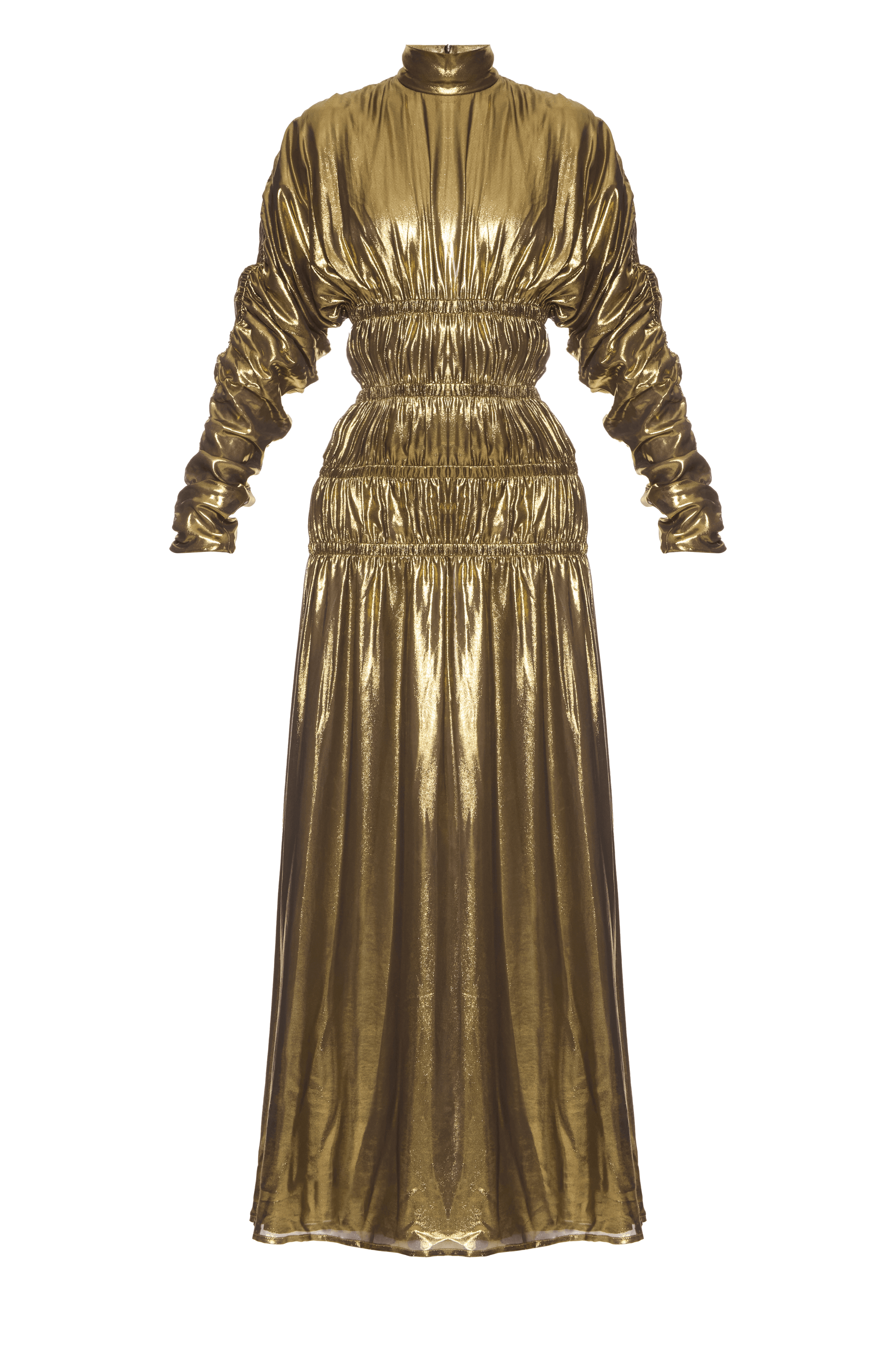 Liquid Gold Dress — golden satin gown with liquid metallic glow