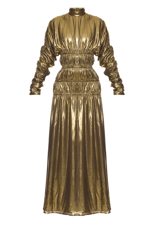 Liquid Gold Dress — golden satin gown with liquid metallic glow