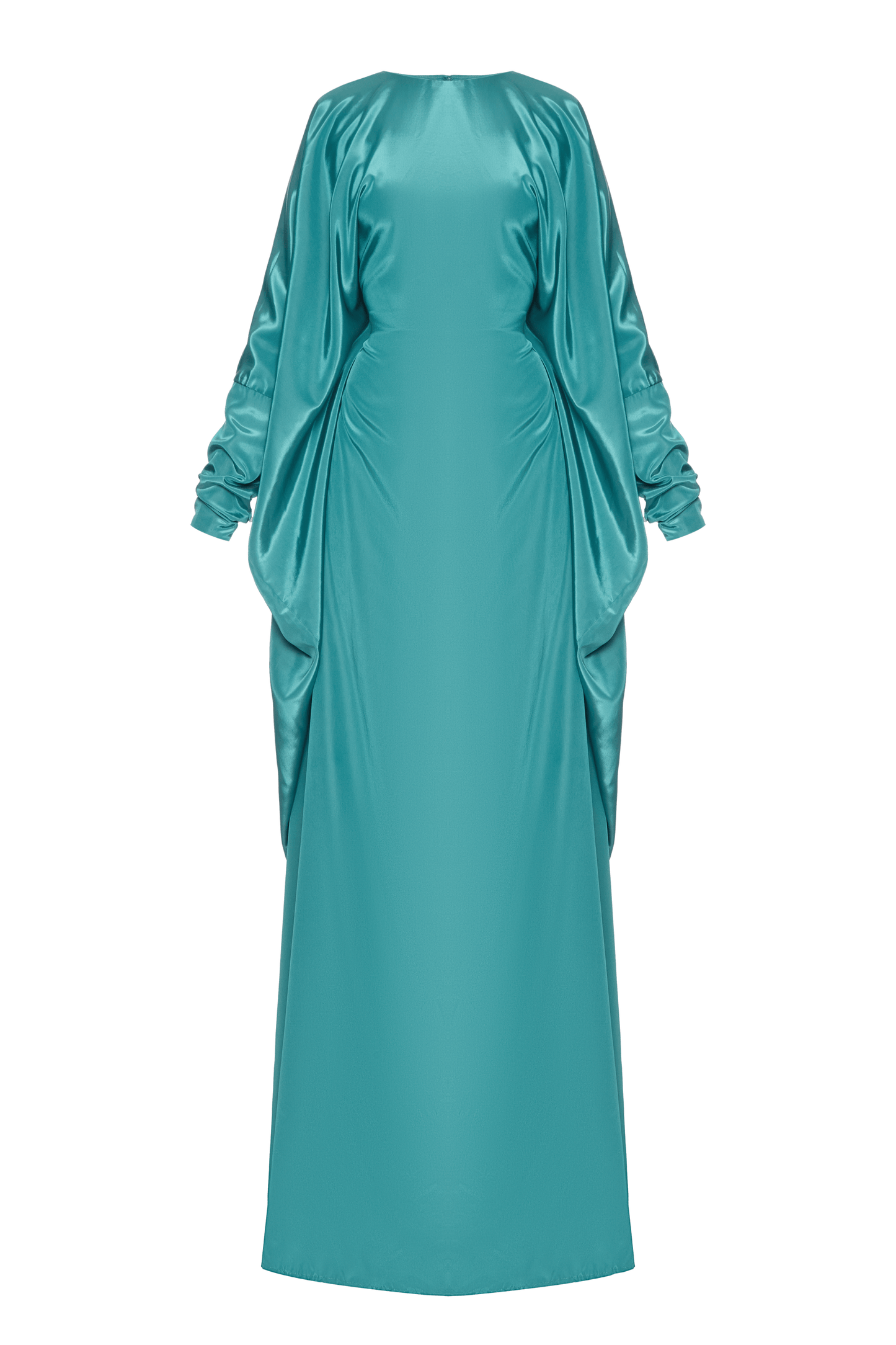 Liquid Wave Dress — turquoise satin dress inspired by ocean movement