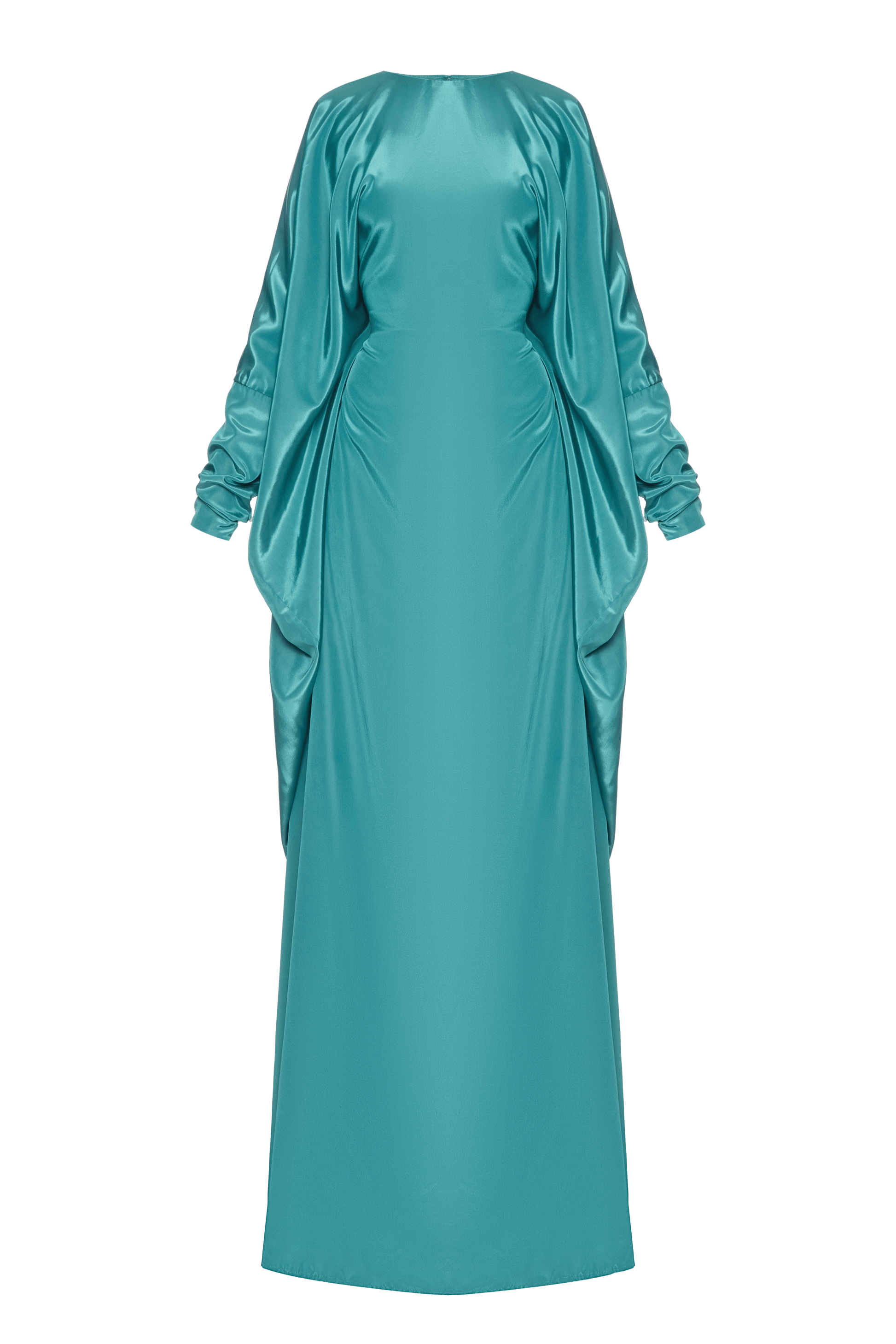 Liquid Wave Dress — turquoise satin dress inspired by ocean movement