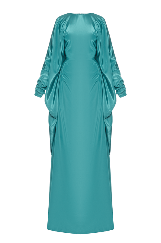 Liquid Wave Dress — turquoise satin dress inspired by ocean movement