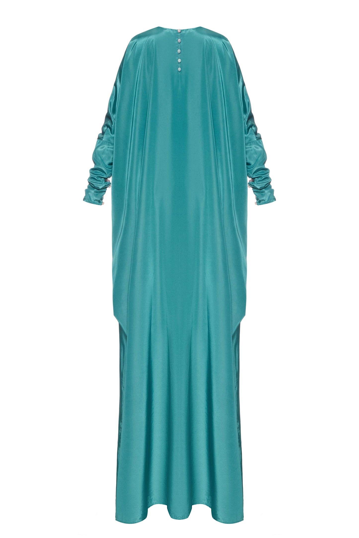 Liquid Wave Dress — silky turquoise gown with fluid drape by SBN