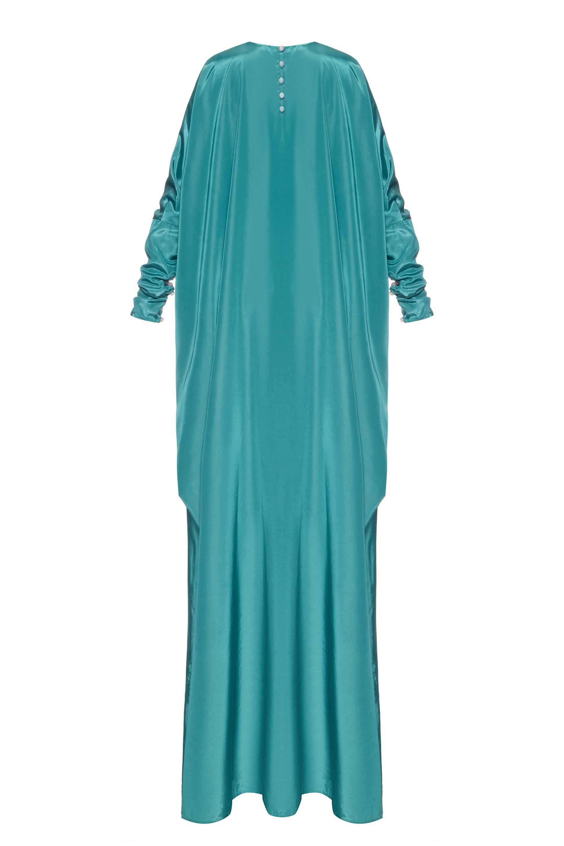 Liquid Wave Dress — silky turquoise gown with fluid drape by SBN