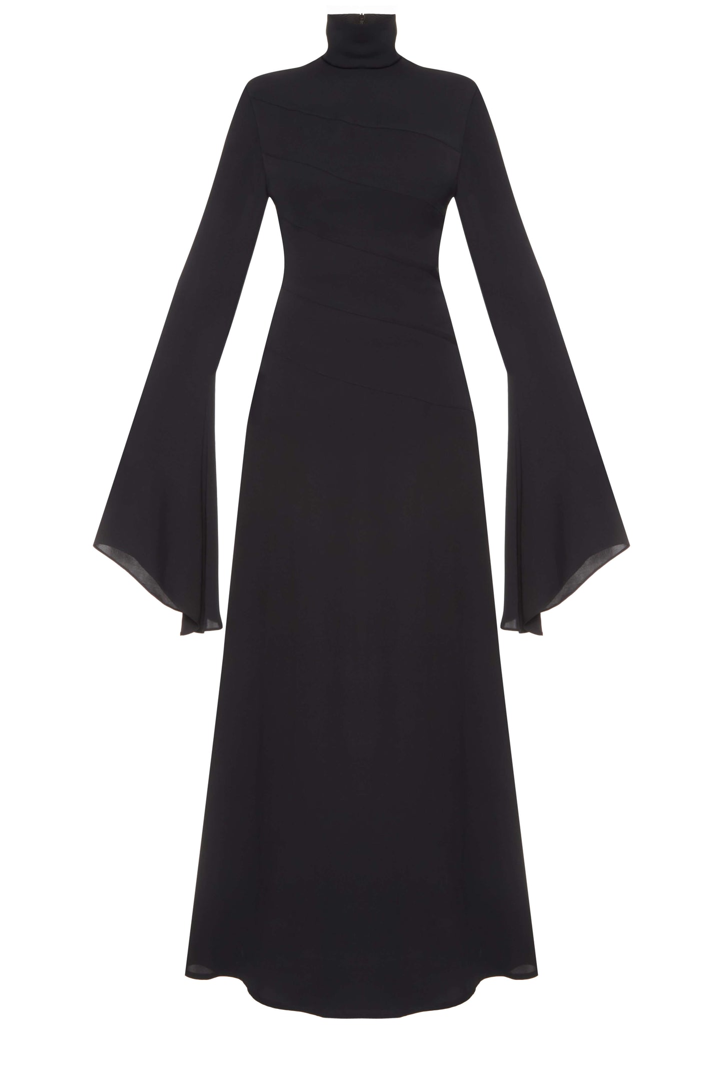 Dark Water Mermaid Dress — black satin gown with flared sleeves by SBN
