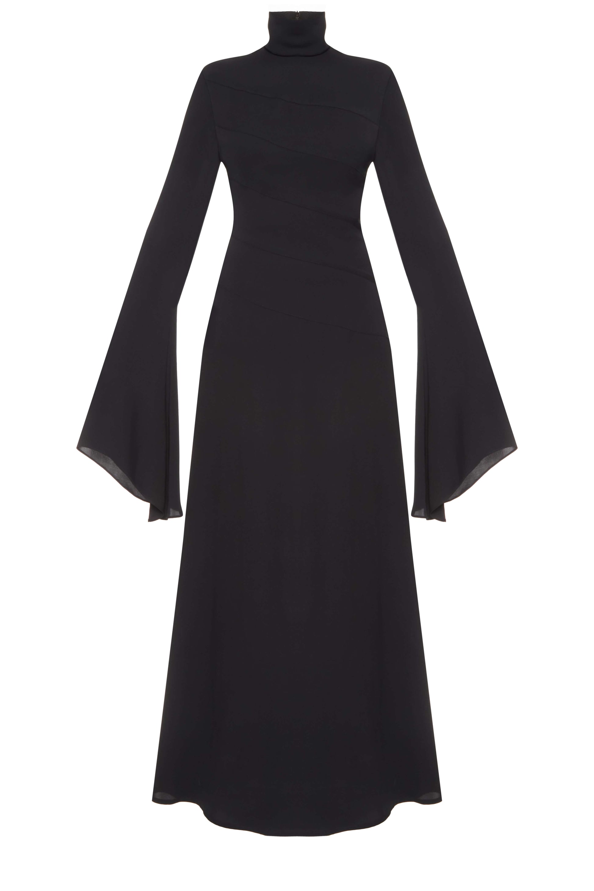 Dark Water Mermaid Dress — black satin gown with flared sleeves by SBN