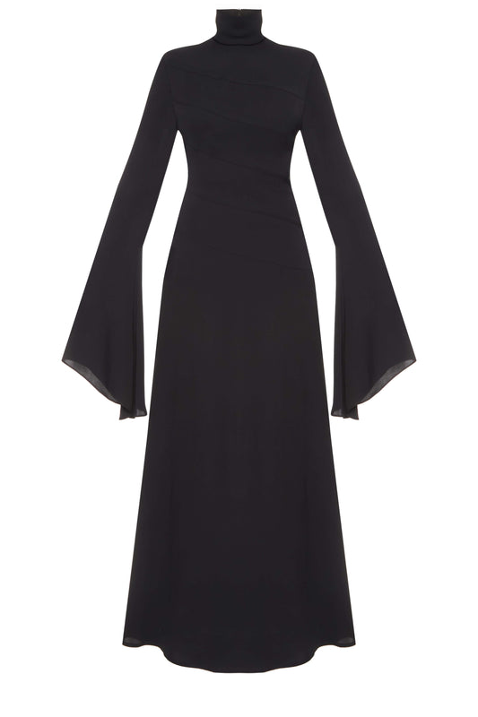 Dark Water Mermaid Dress — black satin gown with flared sleeves by SBN