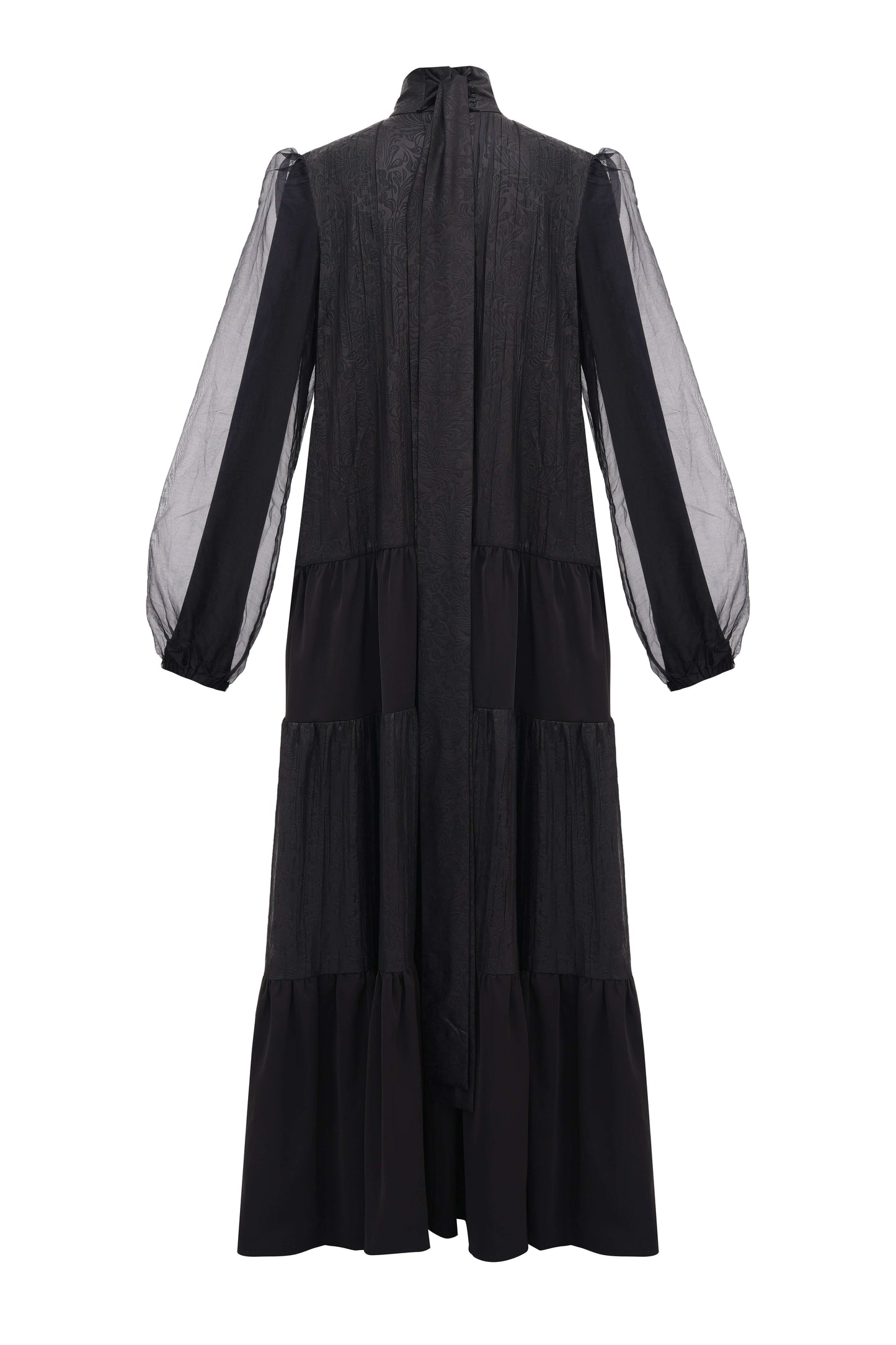 Black Jacquard Silk Dress — elegant black silk dress with subtle pattern