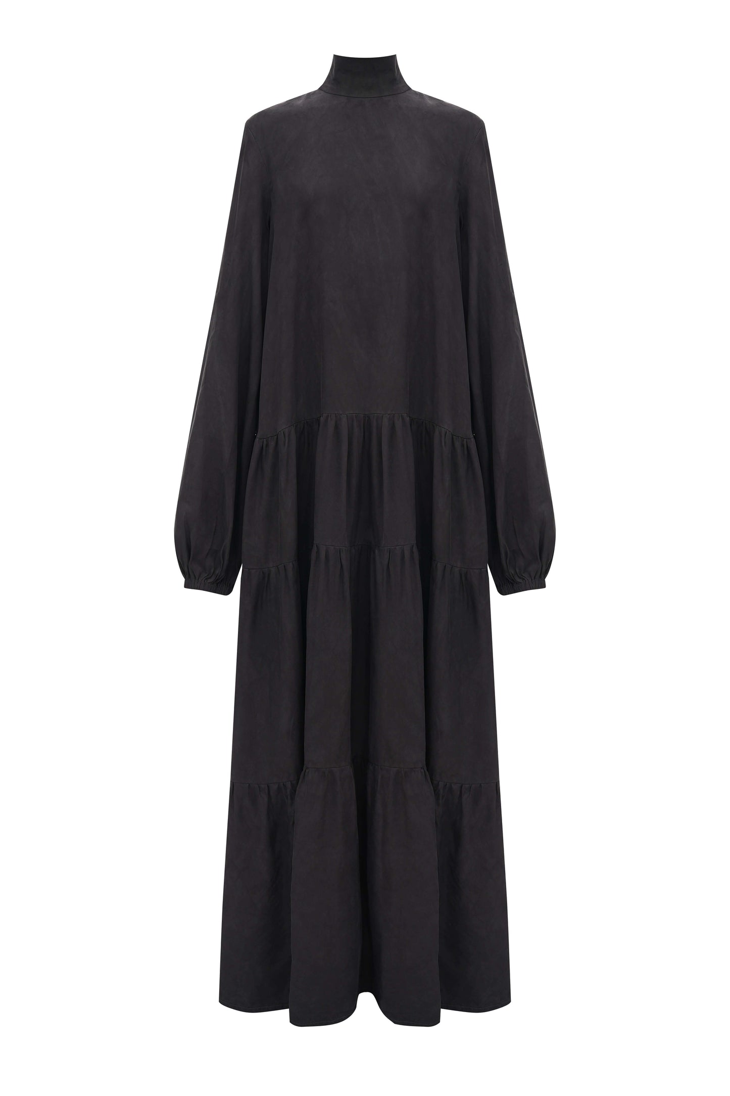 Silk-Cupro Tiered Dress — layered silk-blend gown in deep black