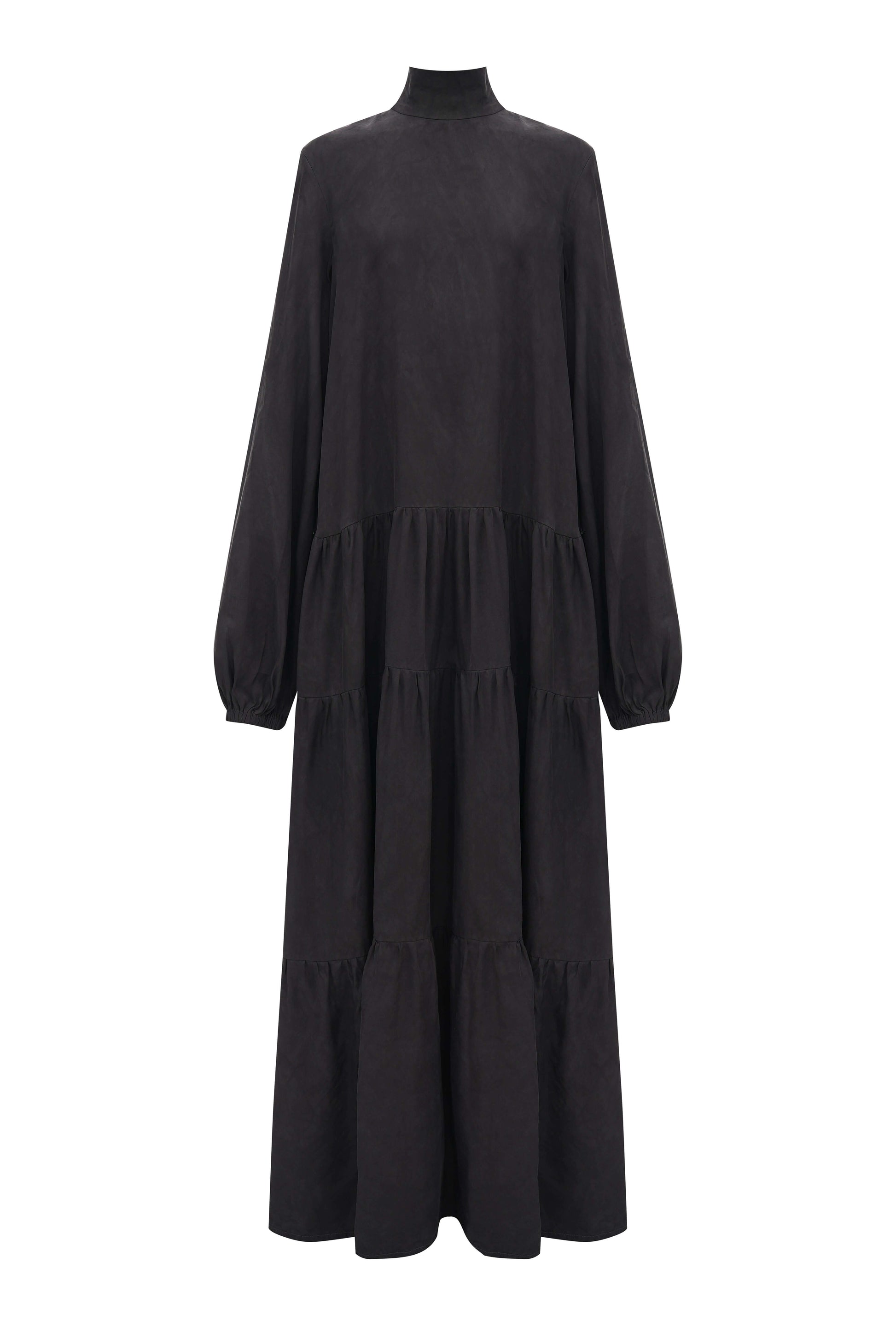 Silk-Cupro Tiered Dress — layered silk-blend gown in deep black