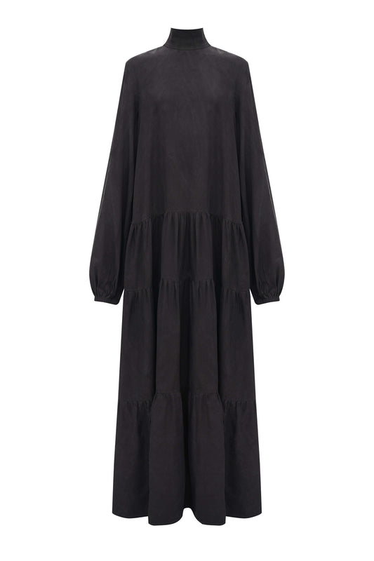 Silk-Cupro Tiered Dress — layered silk-blend gown in deep black