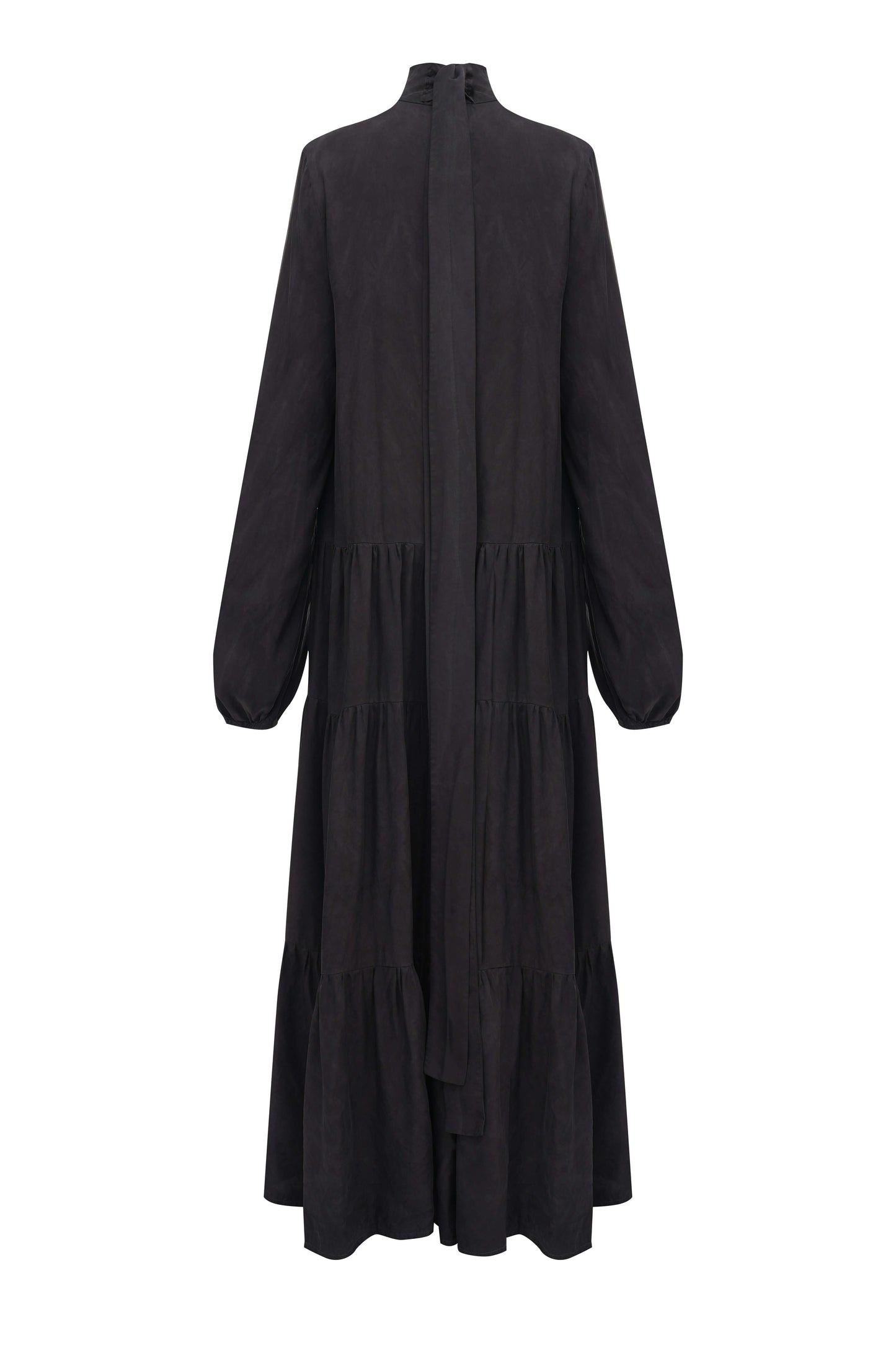 Silk-Cupro Tiered Dress — flowing black tiered dress from SBN