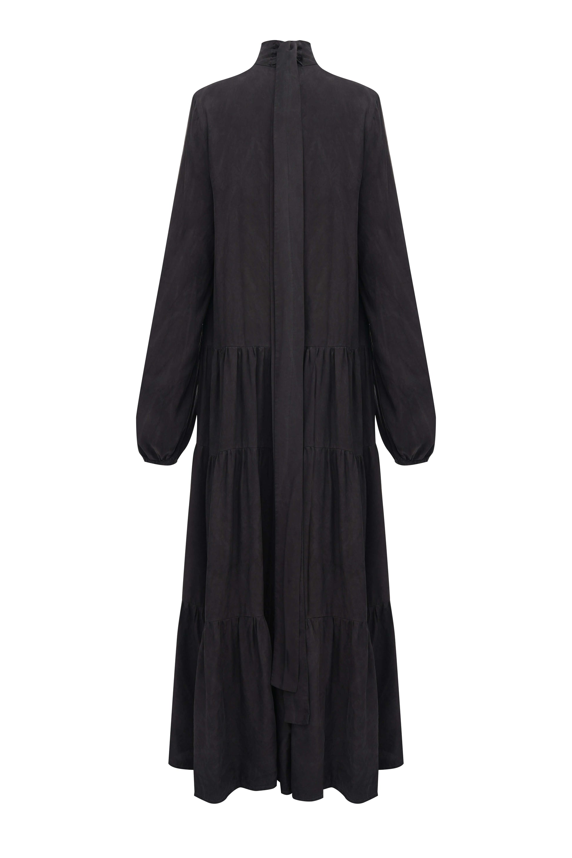 Silk-Cupro Tiered Dress — flowing black tiered dress from SBN