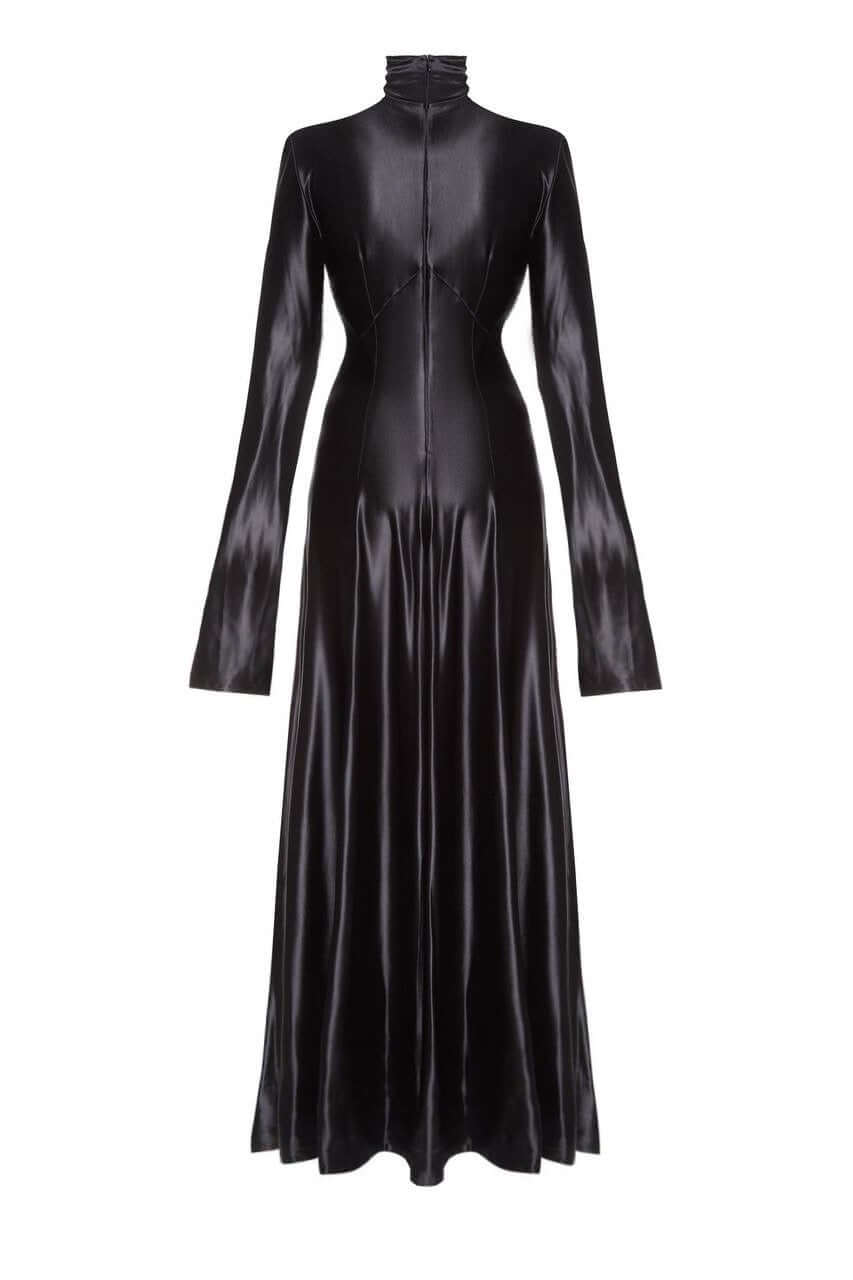 Carbon Dress — elegant floor-length black dress with sculpted drape