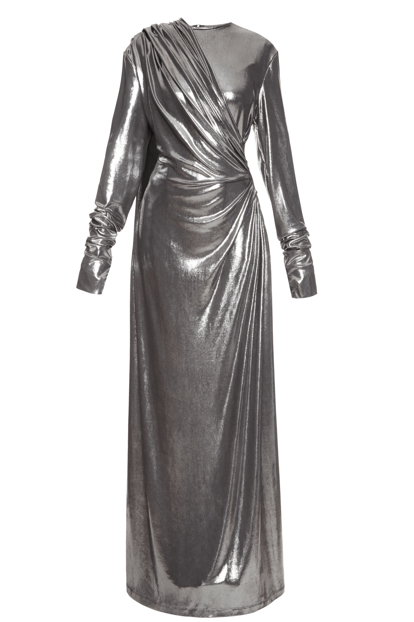 Steel Armour Dress — metallic silver satin gown with structured silhouette