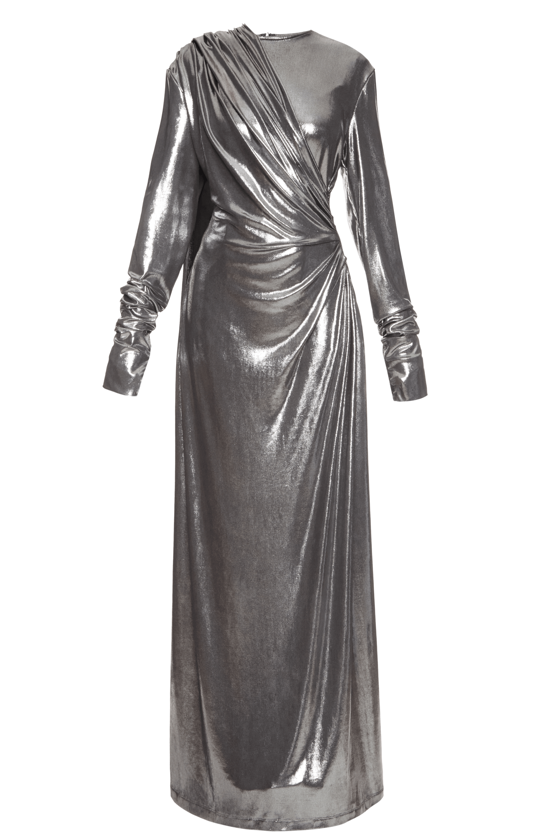 Steel Armour Dress — metallic silver satin gown with structured silhouette