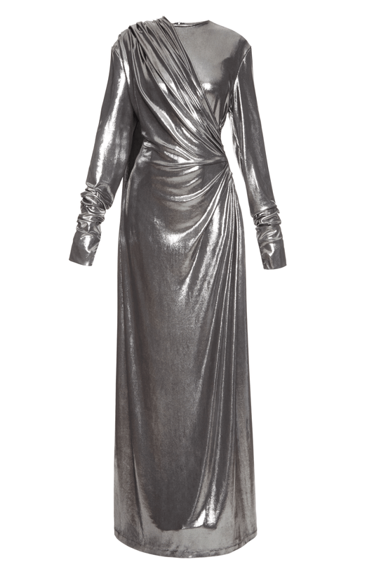 Steel Armour Dress — metallic silver satin gown with structured silhouette
