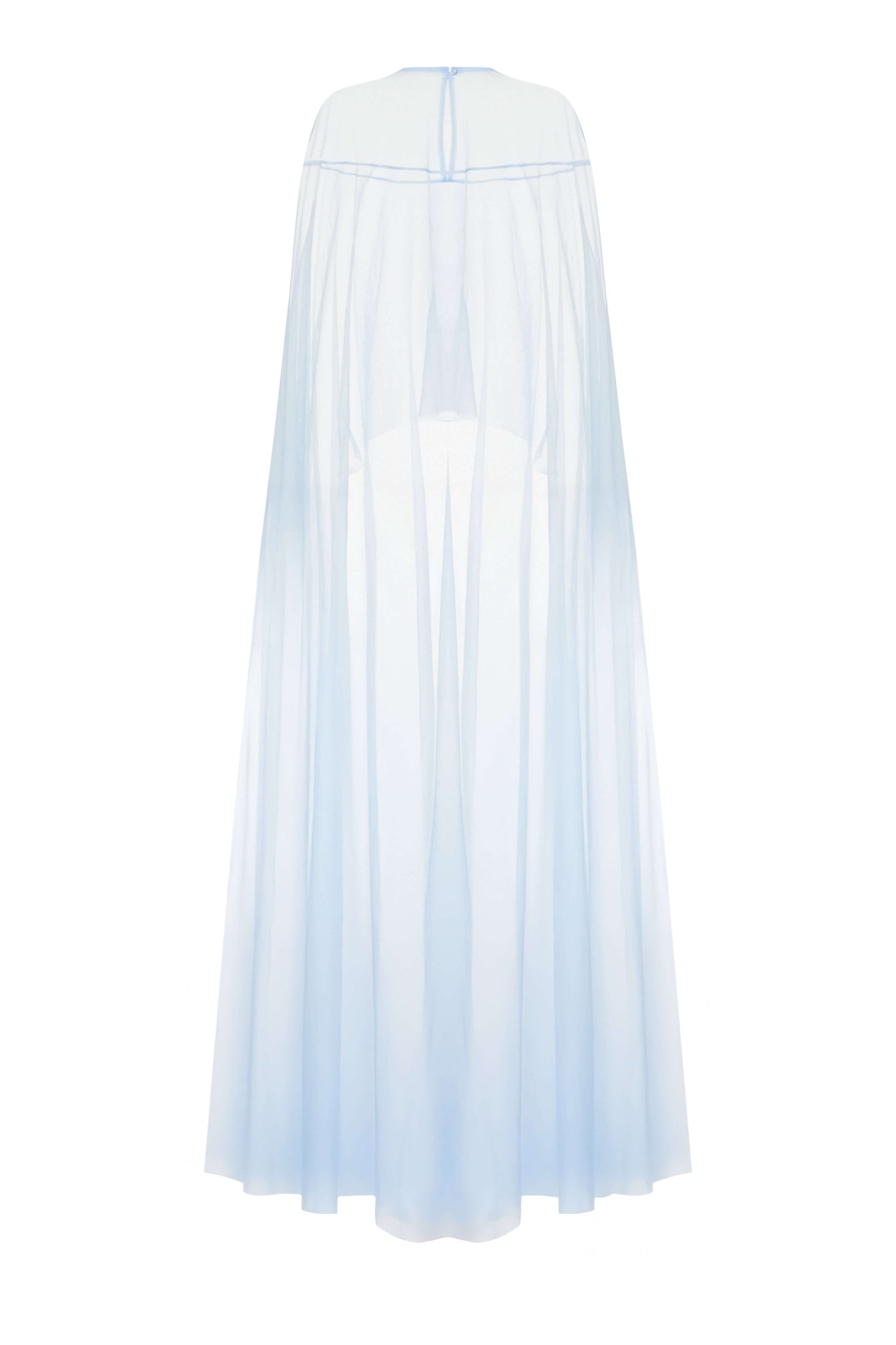 Seafoam Dress with cape — back view of light blue mesh cape falling gracefully over the dress by SBN.