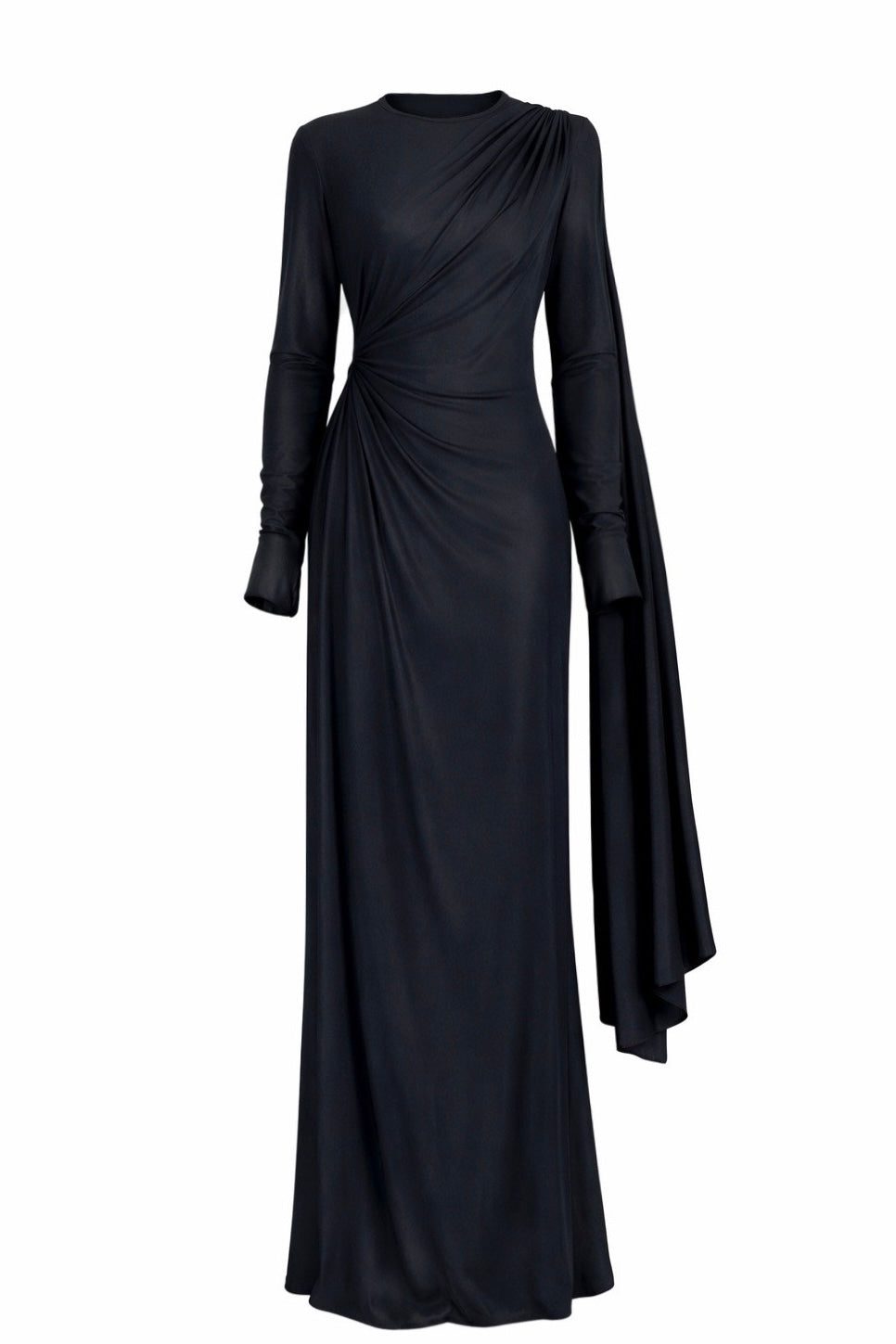 Black evening gown with long sleeves on a white background